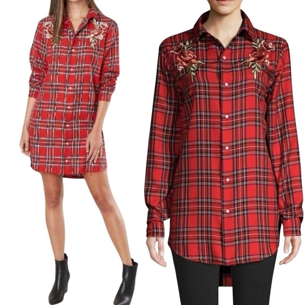 Kendall + Kylie Shirt Dress Small Red Plaid Embroidered Raw Hem Button Front